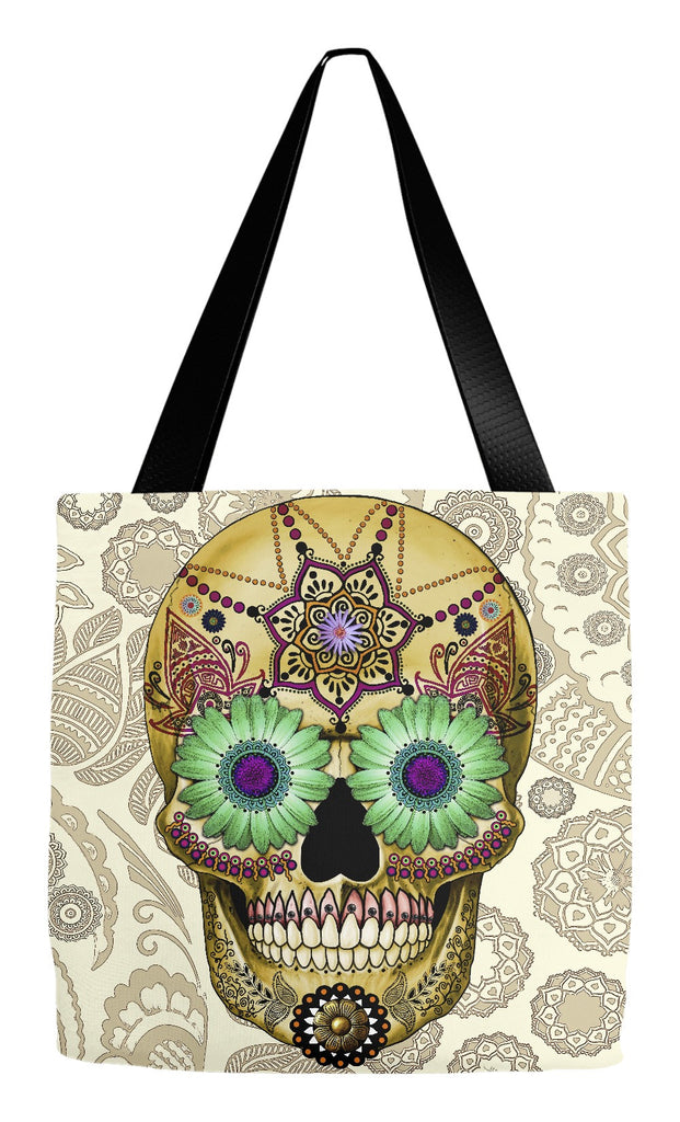 Tan Paisley Sugar Skull Day of the Dead Art Tote Bag - Sugar Skull Bone Paisley - Tote Bag - Fusion Idol Arts - New Mexico Artist Christopher Beikmann