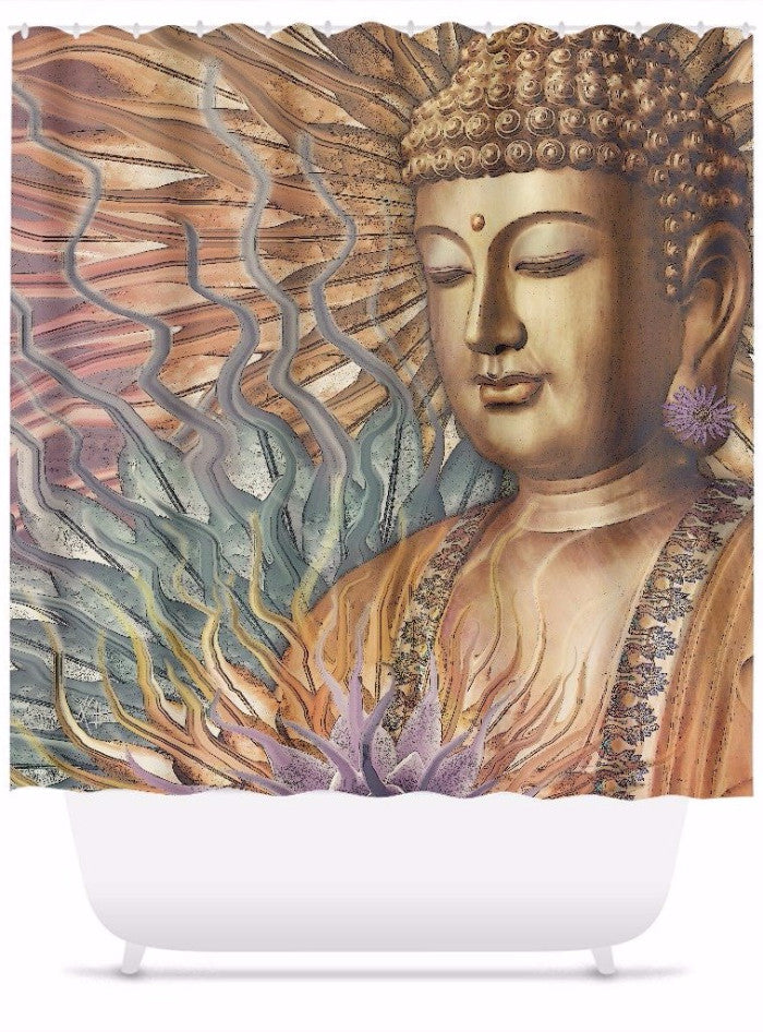 Buddha Shower Curtain - Orange, Teal and Lavender - Proliferation of Peace - Shower Curtain - Fusion Idol Arts - New Mexico Artist Christopher Beikmann