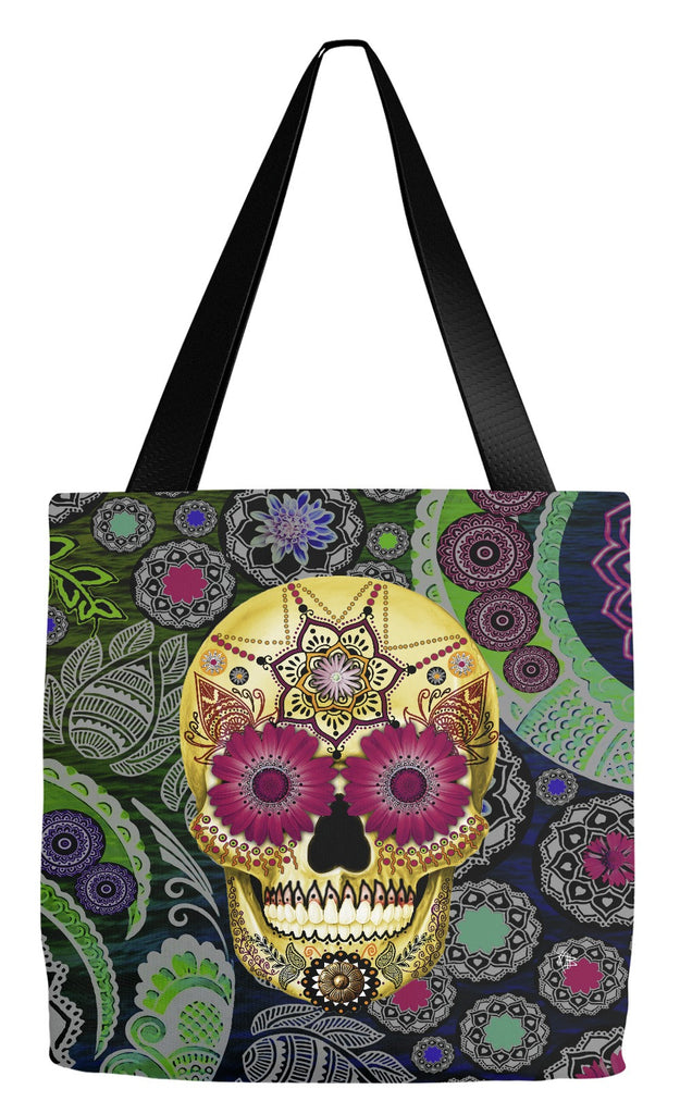 Colorful Paisley Dia De Los Muertos Tote Bag - Sugar Skull Paisley Garden - Tote Bag - Fusion Idol Arts - New Mexico Artist Christopher Beikmann