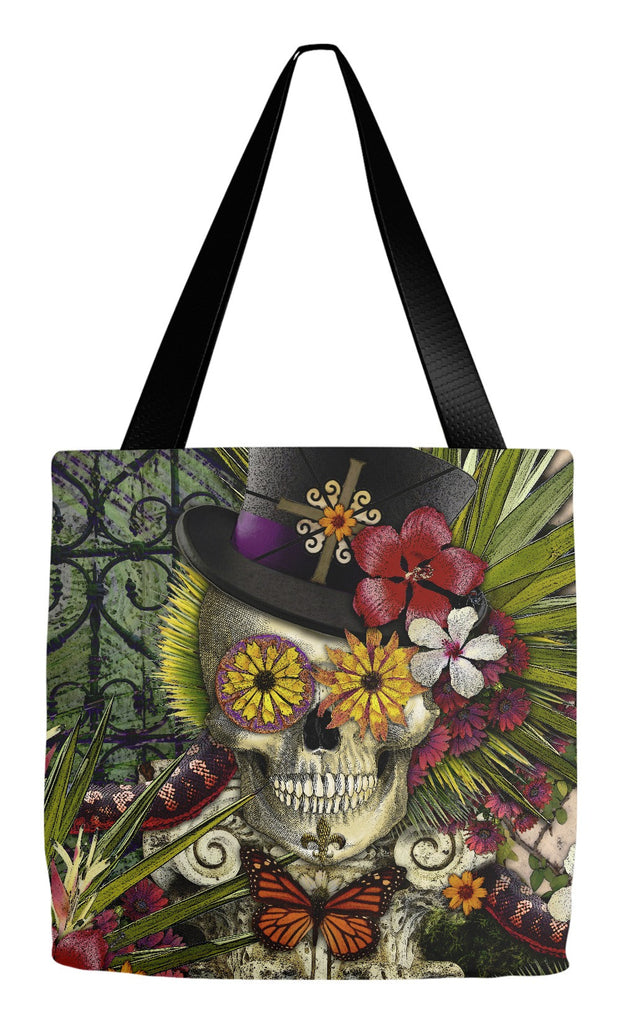 New Orleans Baron Samedi Sugar Skull Tote Bag - Baron in Bloom - Tote Bag - Fusion Idol Arts - New Mexico Artist Christopher Beikmann