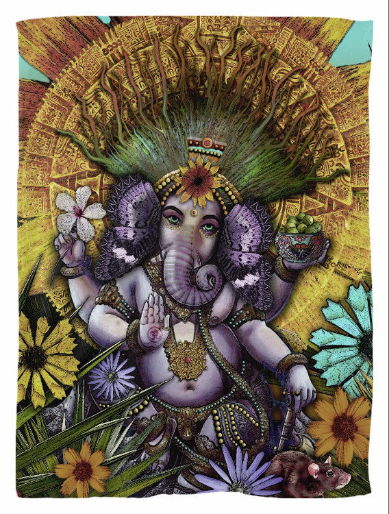Ganesha Hindu Mayan Floral Art Fleece Blanket - Ganesha Maya - Fleece Blanket - Fusion Idol Arts - New Mexico Artist Christopher Beikmann