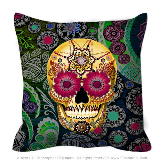 Colorful Floral Sugar Skull Throw Pillow - Sugar Skull Paisley Garden - Throw Pillow - Fusion Idol Arts - New Mexico Artist Christopher Beikmann