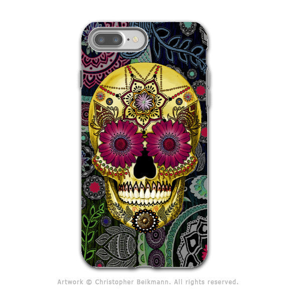 Colorful Paisley Sugar Skull - Artistic iPhone 7 PLUS - 7s PLUS Tough Case - Dual Layer Protection - Sugar Skull Paisley Garden - iPhone 7 Plus Tough Case - Fusion Idol Arts - New Mexico Artist Christopher Beikmann