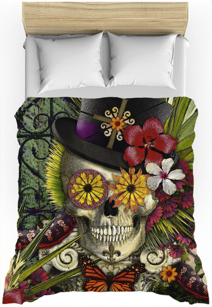 New Orleans Sugar Skull Baron Samedi Duvet Cover - Baron in Bloom - Duvet Cover - Fusion Idol Arts - New Mexico Artist Christopher Beikmann