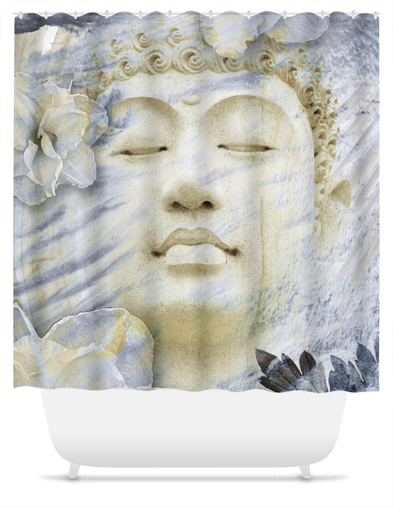 Buddha Shower Curtain Tan and Blue - Inner Infinity - Shower Curtain - Fusion Idol Arts - New Mexico Artist Christopher Beikmann