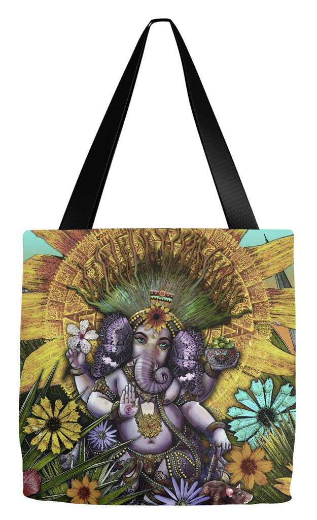 Colorful Ganesha Floral Art Tote Bag - Ganesha Maya - Tote Bag - Fusion Idol Arts - New Mexico Artist Christopher Beikmann