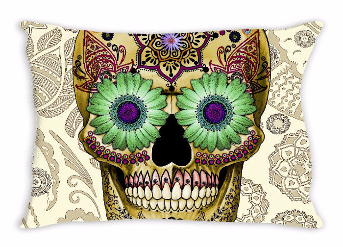 Tan Paisley Day of The Dead Throw Pillow - Sugar Skull Bone Paisley - Throw Pillow - Fusion Idol Arts - New Mexico Artist Christopher Beikmann