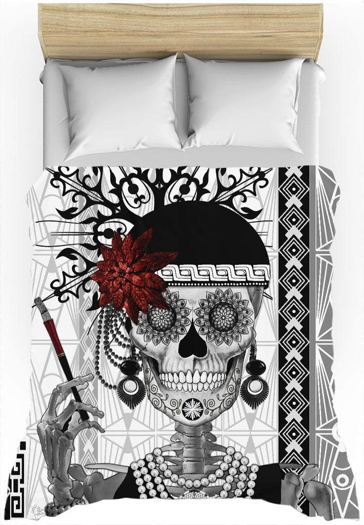 Flapper Girl Sugar Skull Duvet Cover - Mrs Gloria Vanderbone - Duvet Cover - Fusion Idol Arts - New Mexico Artist Christopher Beikmann