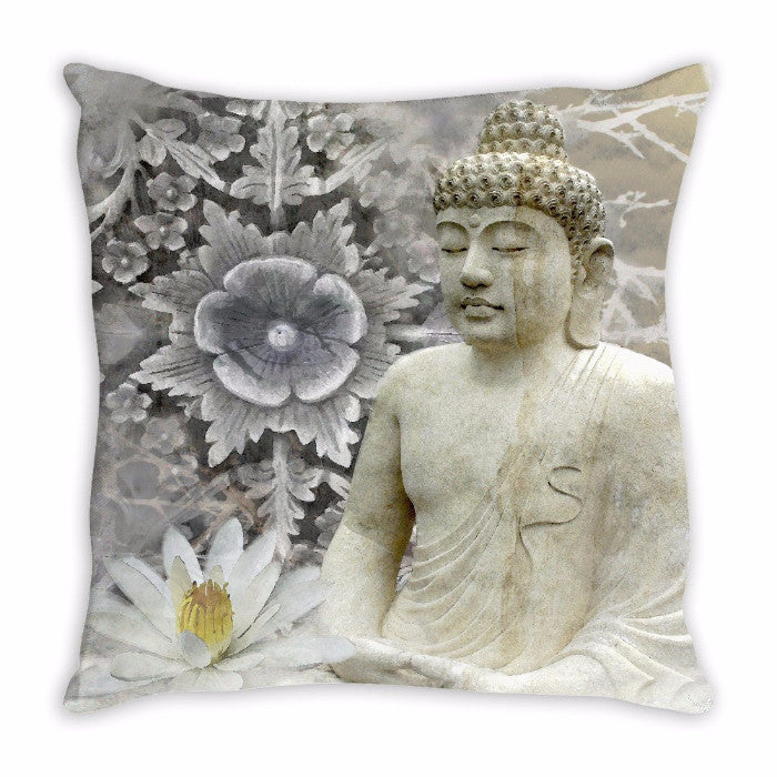 Gray and White Meditating Snow Buddha Throw Pillow - Winter Peace - Throw Pillow - Fusion Idol Arts - New Mexico Artist Christopher Beikmann