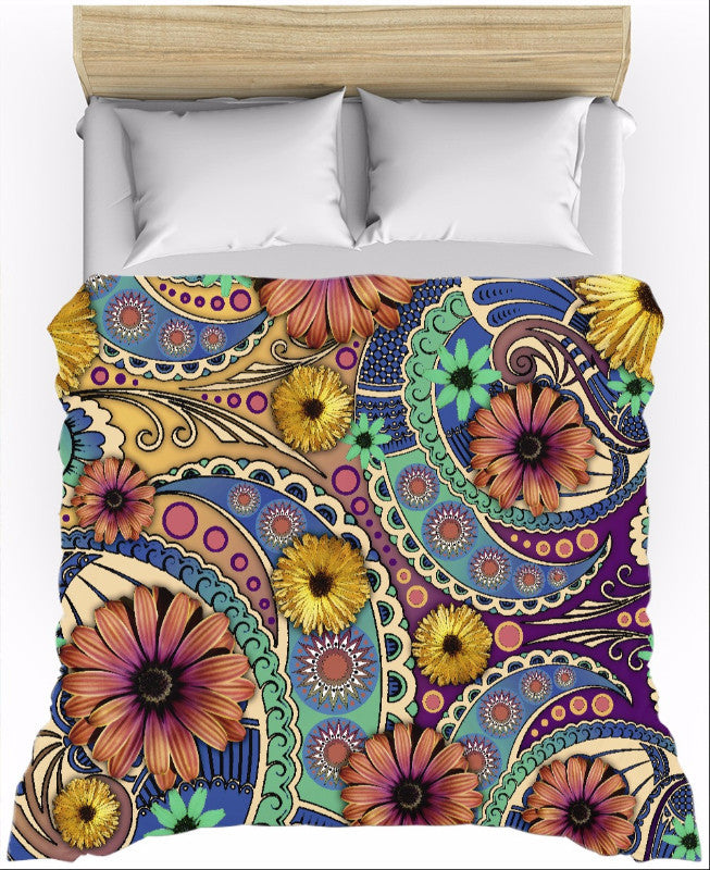 Colorful Floral Lightweight Duvet Cover - Petals and Paisley - Duvet Cover - Fusion Idol Arts - New Mexico Artist Christopher Beikmann