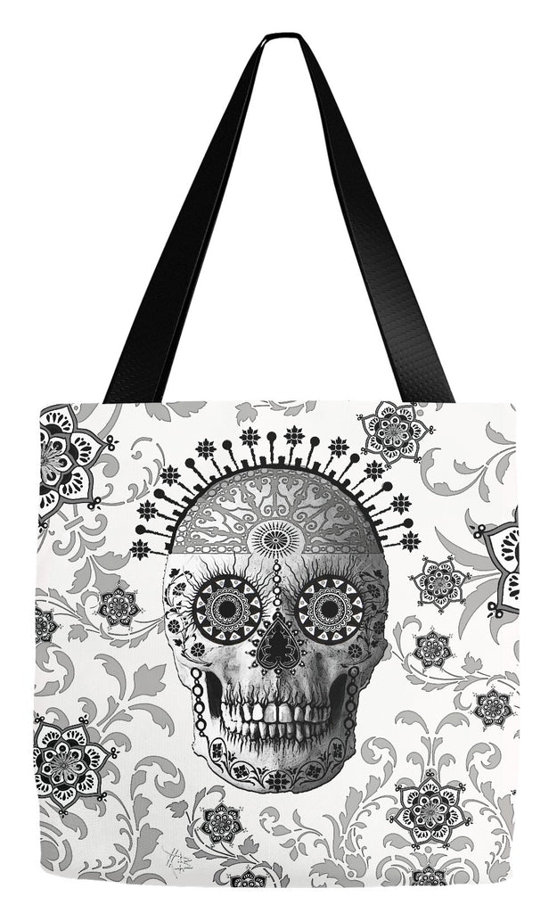 Black and White Paisley Sugar Skull Tote Bag - Victorian Bones - Tote Bag - Fusion Idol Arts - New Mexico Artist Christopher Beikmann