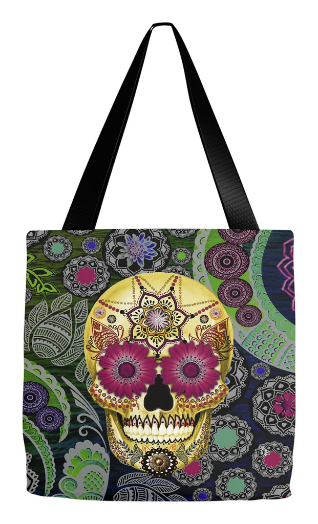 Colorful Paisley Dia De Los Muertos Tote Bag - Sugar Skull Paisley Garden - Tote Bag - Fusion Idol Arts - New Mexico Artist Christopher Beikmann