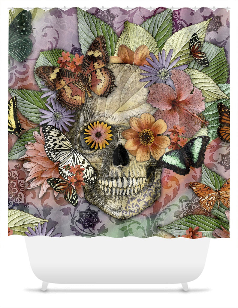 Butterfly Botaniskull Shower Curtain - Floral Sugar Skull Art - Shower Curtain - Fusion Idol Arts - New Mexico Artist Christopher Beikmann