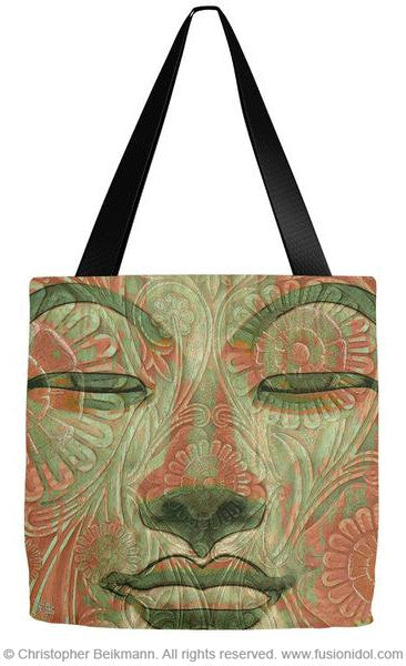Green and Orange Buddha Face Premium Tote Bag - Manifestation of Mind - Tote Bag - Fusion Idol Arts - New Mexico Artist Christopher Beikmann