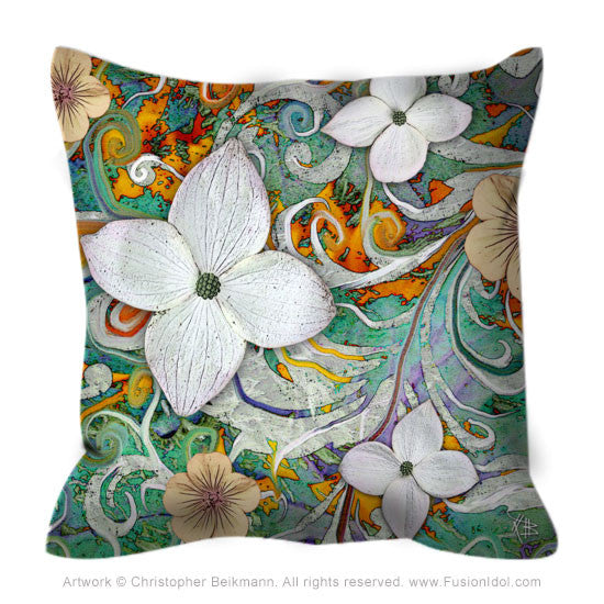 Green and Orange Dogwood Flower Throw Pillow - Sangria Flora - Throw Pillow - Fusion Idol Arts - New Mexico Artist Christopher Beikmann