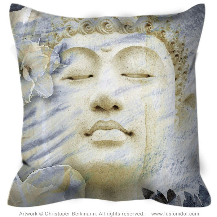 Buddha Throw Pillow - Blue and Tan Zen Accent Pillow - Inner Infinity - Throw Pillow - Fusion Idol Arts - New Mexico Artist Christopher Beikmann