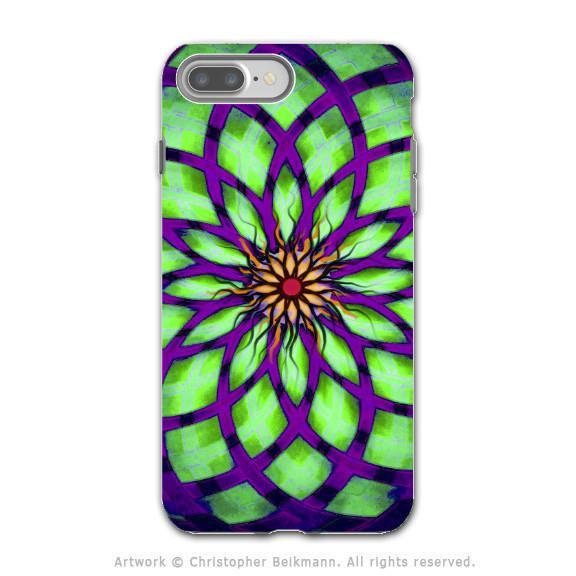 Lime Green and Purple Geometric Lotus Flower - Artistic iPhone 8 PLUS Tough Case - Dual Layer Protection - Lime Kalotuscope - iPhone 8 Plus Tough Case - Fusion Idol Arts - New Mexico Artist Christopher Beikmann