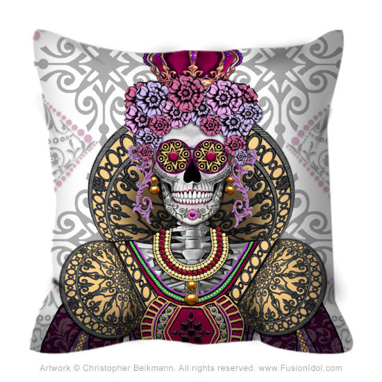 Renaissance Sugar Skull Queen Pillow - Mary Queen of Skulls - Throw Pillow - Fusion Idol Arts - New Mexico Artist Christopher Beikmann