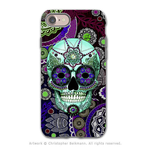 Purple Paisley Sugar Skull - Artistic iPhone 8 Tough Case - Dual Layer Protection - Sugar Skull Sombrero Night - iPhone 8 Tough Case - Fusion Idol Arts - New Mexico Artist Christopher Beikmann