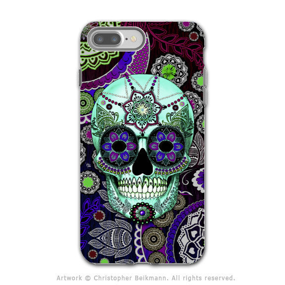 Purple Paisley Sugar Skull - Artistic iPhone 7 PLUS - 7s PLUS Tough Case - Dual Layer Protection - Sugar Skull Sombrero Night - iPhone 7 Plus Tough Case - Fusion Idol Arts - New Mexico Artist Christopher Beikmann