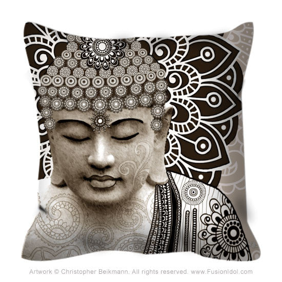 Tan Paisley Buddha Throw Pillow - Meditation Mehndi - Throw Pillow - Fusion Idol Arts - New Mexico Artist Christopher Beikmann