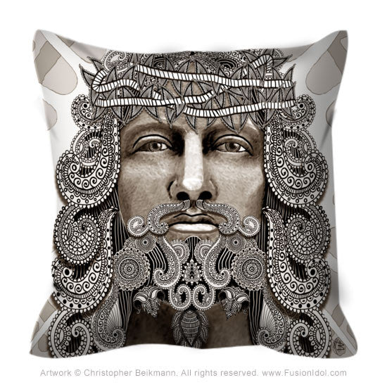 Tan Paisley Jesus Throw Pillow - Redeemer Christ Iconography Art - Throw Pillow - Fusion Idol Arts - New Mexico Artist Christopher Beikmann